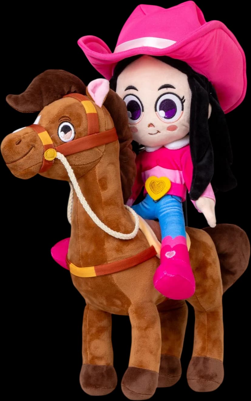 Pelúcia da Boiadeirinha montada no cavalo Blake