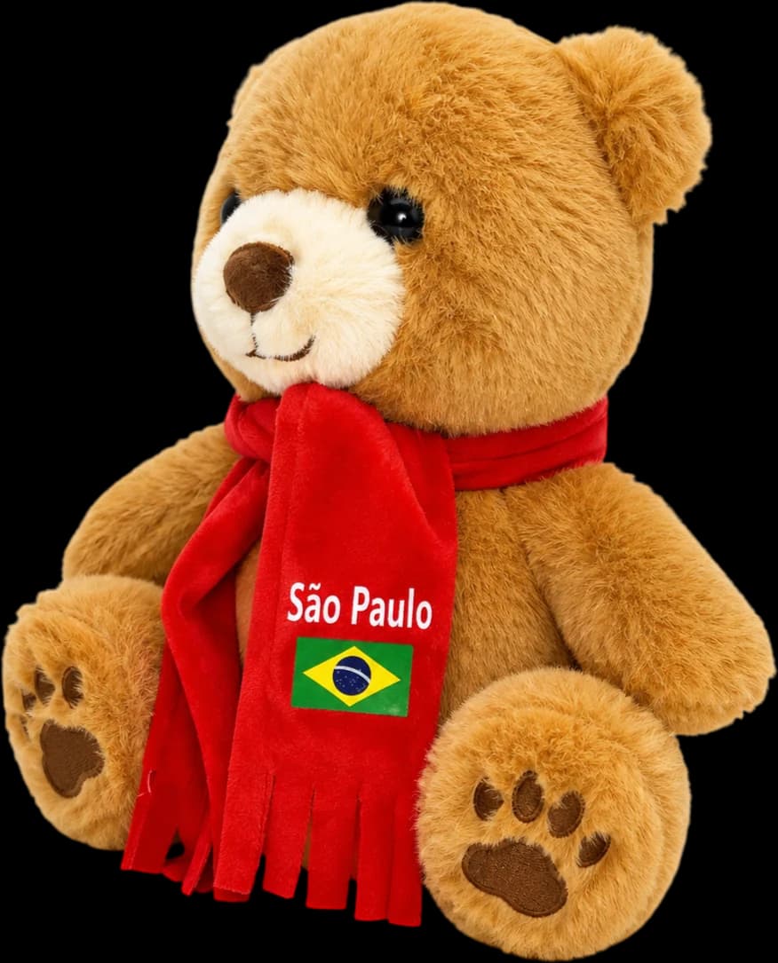 Urso de pelúcia São Paulo visto de frente, com cachecol bordado
