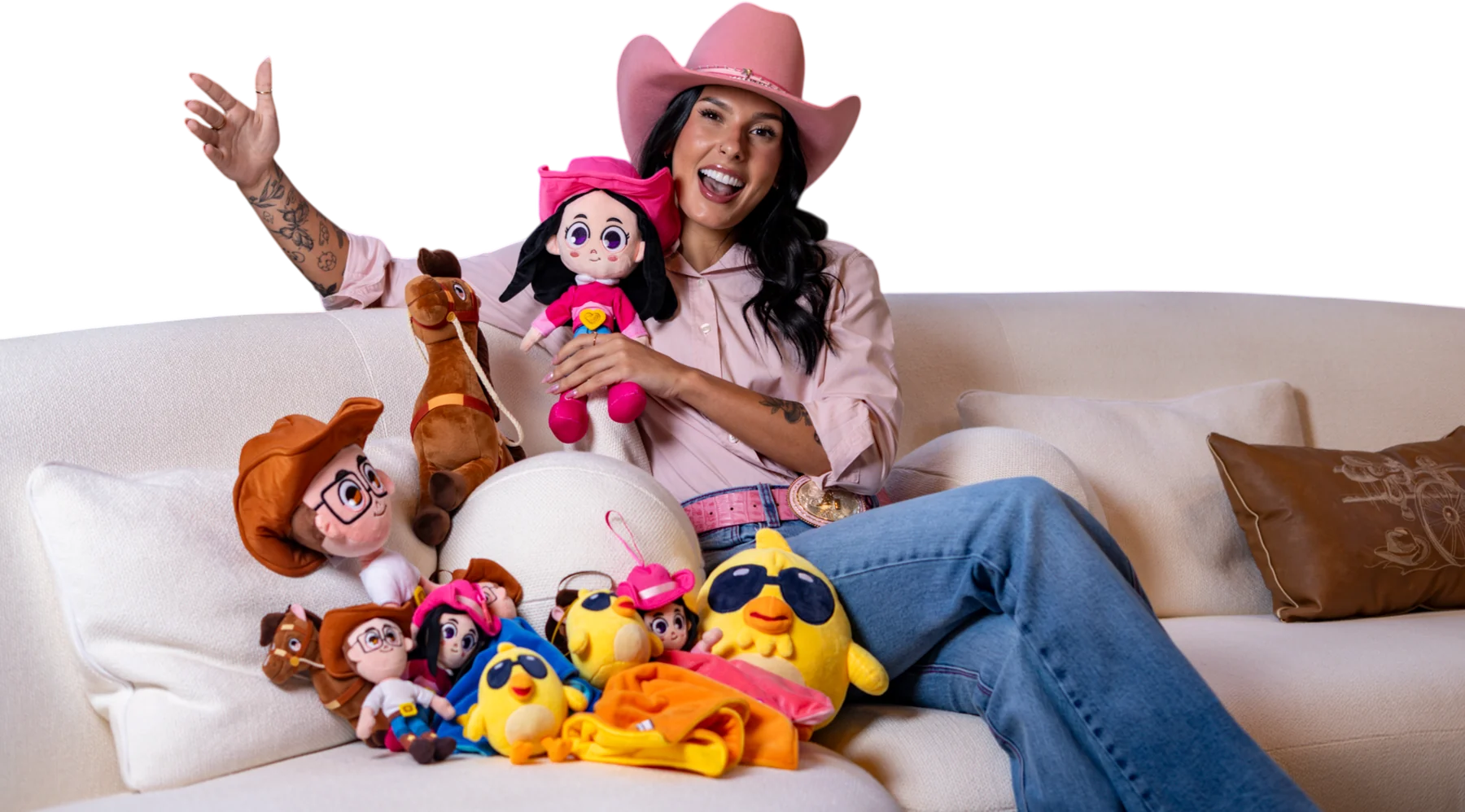 Turma da Boiadeirinha reunida em pelúcia, naninha e chaveiro